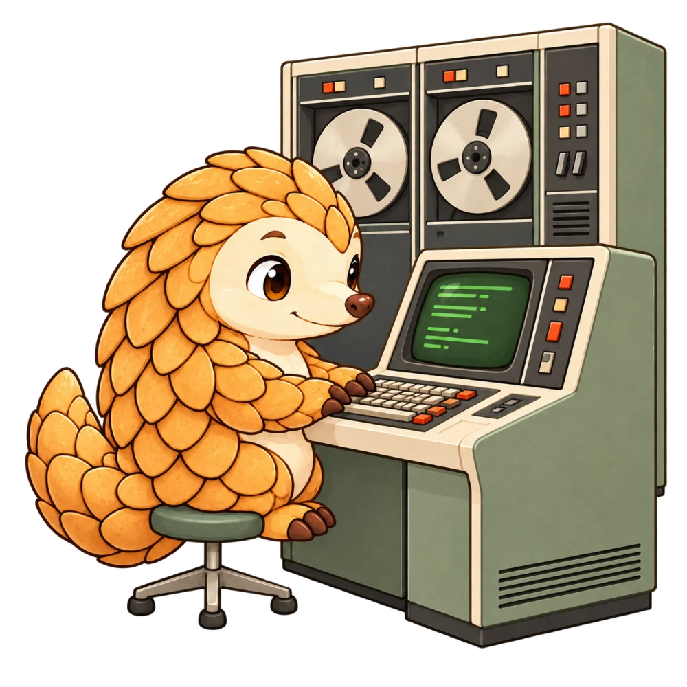 gitta's golden pangolin typing at a vintage mainframe console